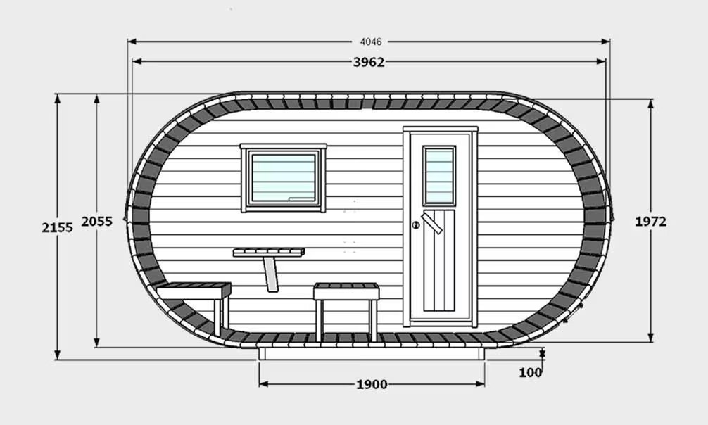 Ovale Sauna mit Terrasse und Vorraum aus thermisch behandeltem Holz 42mm – Bild 2
