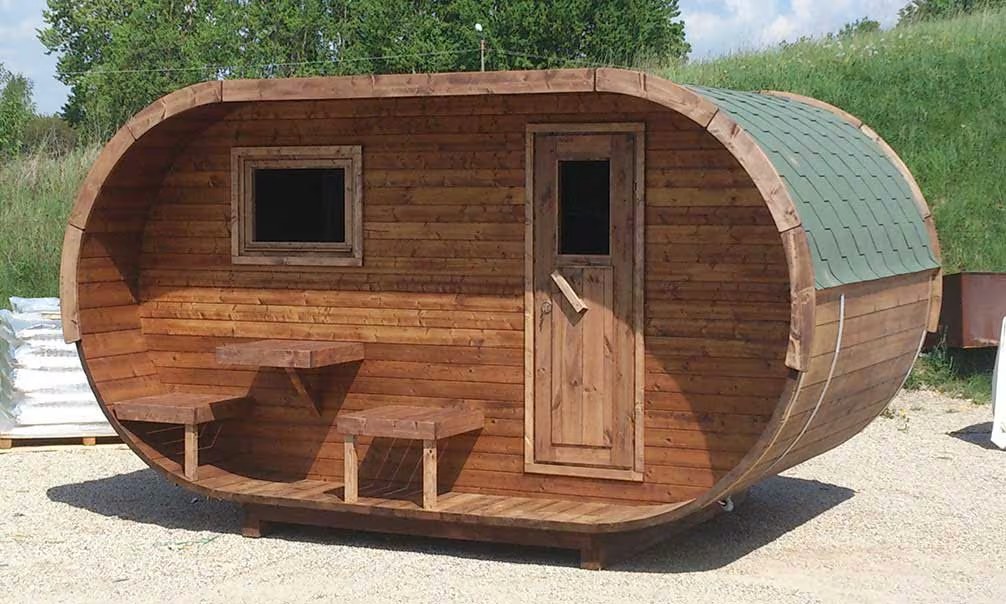 Ovale Sauna mit Terrasse und Vorraum aus thermisch behandeltem Holz 42mm – Bild 5