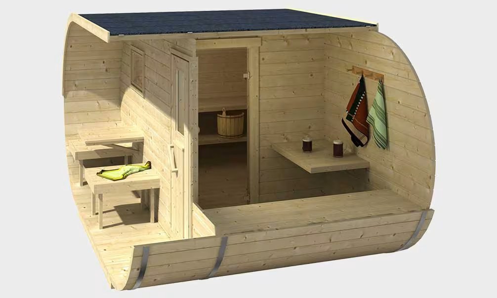 Ovale Sauna mit Terrasse und Vorraum aus thermisch behandeltem Holz 42mm – Bild 6