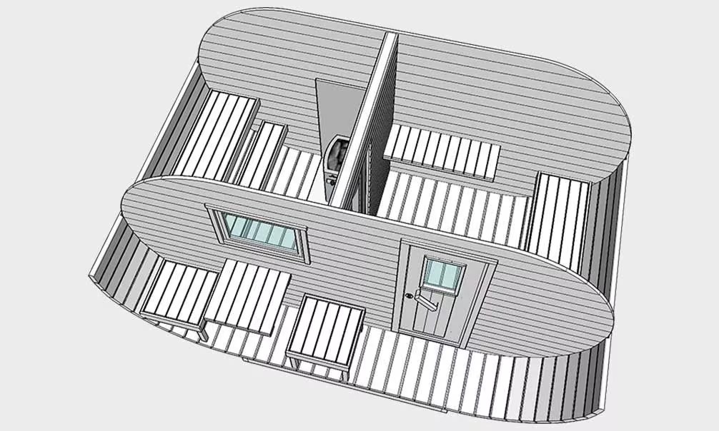 Ovale Sauna mit Terrasse und Vorraum aus thermisch behandeltem Holz 42mm – Bild 7