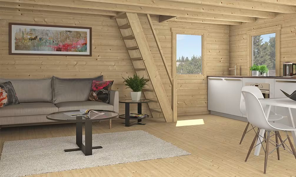Gartenhaus Mezzanine BRUGES 20 – Bohlen 44mm – 20 + 20m² Innenraum – Bild 4