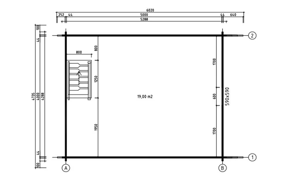Gartenhaus Mezzanine Bruges 20 – 2 Zimmer – Bohlen 44mm – 20 + 20m² Innenraum – Bild 2