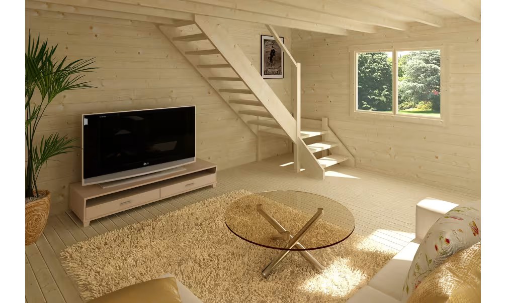 Gartenhaus Mezzanine Narbonne 25 – Bohlen 70mm Brettschichtholz – 25 + 25m² Innenraum – Satteldach – Bild 3