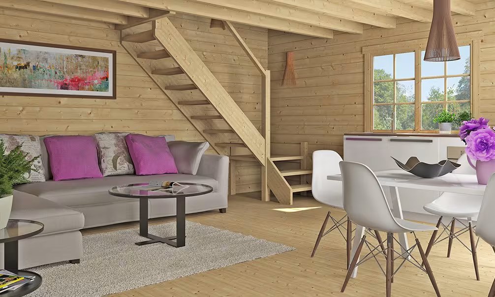 Gartenhaus Mezzanine Narbonne 25 – Bohlen 70mm Brettschichtholz – 25 + 25m² Innenraum – Satteldach – Bild 7