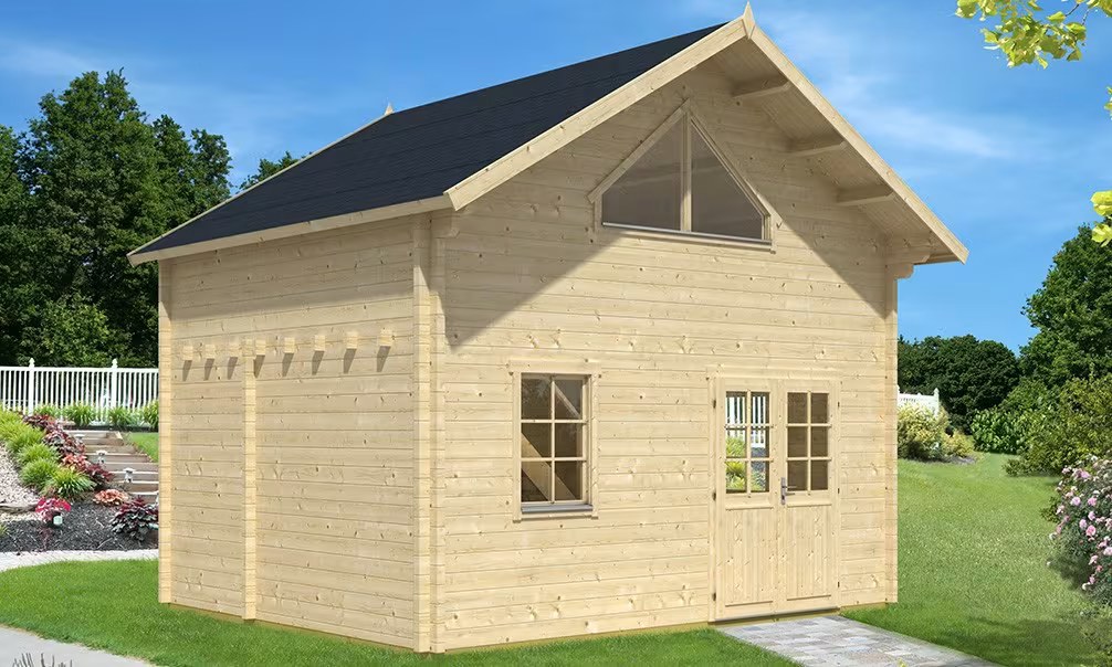 Gartenhaus Mezzanine Narbonne 25 SDB – Bohlen 70mm Brettschichtholz – 25+25m² Innenraum – Satteldach
