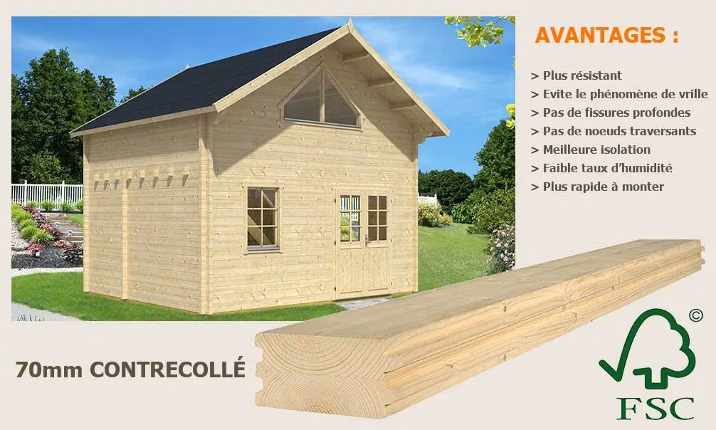 Gartenhaus Mezzanine Narbonne 25 SDB – Bohlen 70mm Brettschichtholz – 25+25m² Innenraum – Satteldach – Bild 6