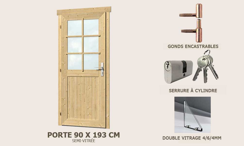 Zusätzliche halb verglaste Servicetür 90x193cm für Holzgartenhaus 44mm
