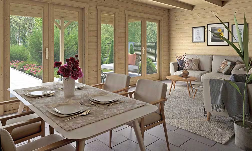 Holzgartenhaus Flachdach PELISSANNE 70mm – 17,34m² Innenraum + Vordach – Bild 2