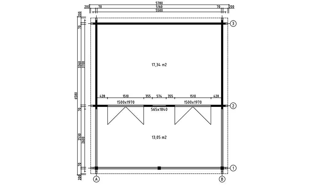 Holzgartenhaus Flachdach PELISSANNE 70mm – 17,34m² Innenraum + Vordach – Bild 3
