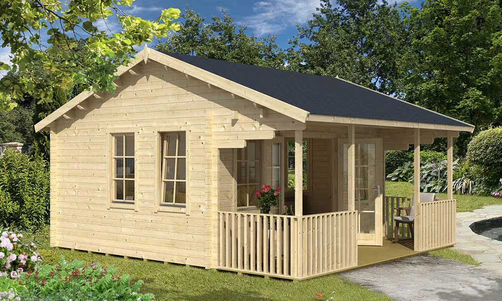 Gartenhaus BORNEO 44mm – 17,49m² Innenraum + 7,2m² 480×530 cm