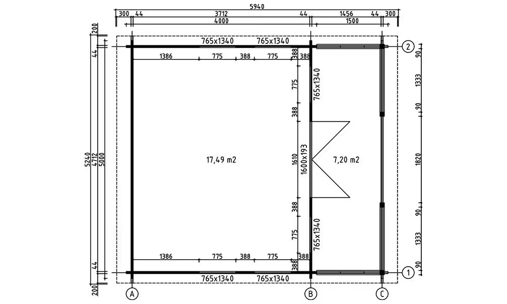 Gartenhaus BORNEO 44mm – 17,49m² Innenraum + 7,2m² 480×530 cm – Bild 2