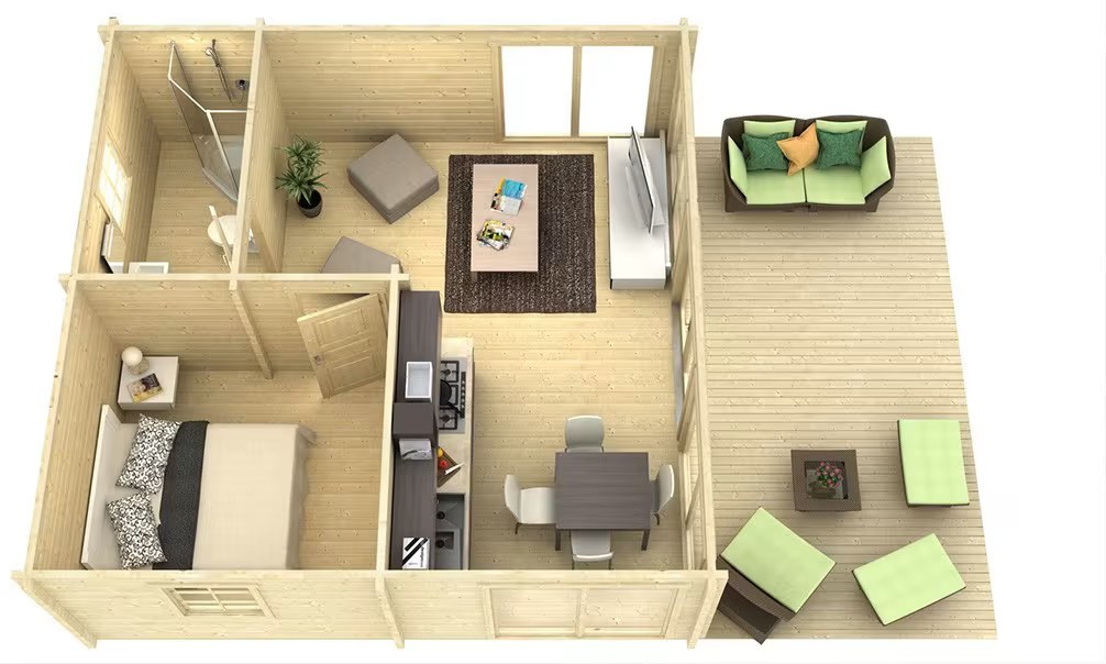Freizeitgartenhaus mit Terrasse HASTINGS 70mm Leimbohlen 31,20m² Innenraum – Bild 2