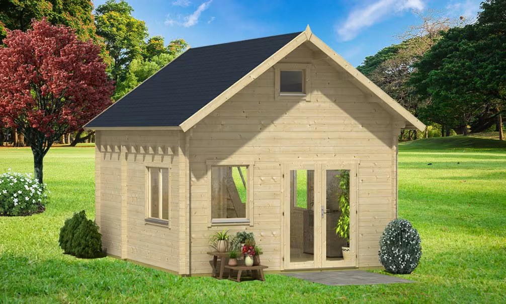 Gartenhaus Mezzanine Bruges 20 – 2 Zimmer – Bohlen 44mm – 20 + 20m² Innenraum