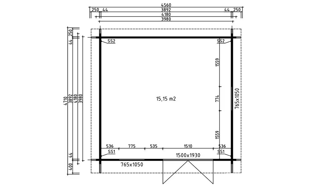 Gartenhaus LACANAU A 44 mm – 15,3m² Innenraum 398×398 cm 44mm – Bild 2