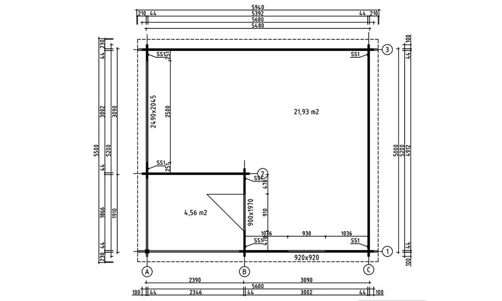 Garage Satteldach Gap Bohlen 44mm – 21,93m² Innenraum – Bild 2