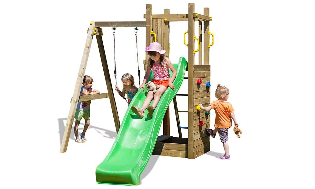 Spielturm für Kinder aus autoklaviertem Holz Funny 3 mit Schaukel 1 Sitz und Sandkasten Fungoo