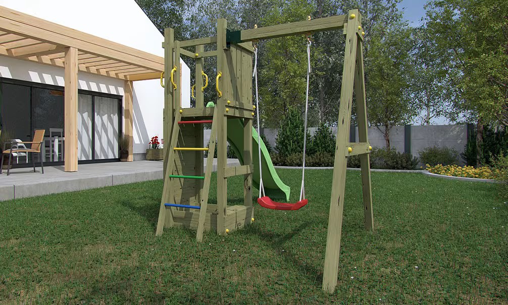Spielturm für Kinder aus autoklaviertem Holz Funny 3 mit Schaukel 1 Sitz und Sandkasten Fungoo – Bild 3