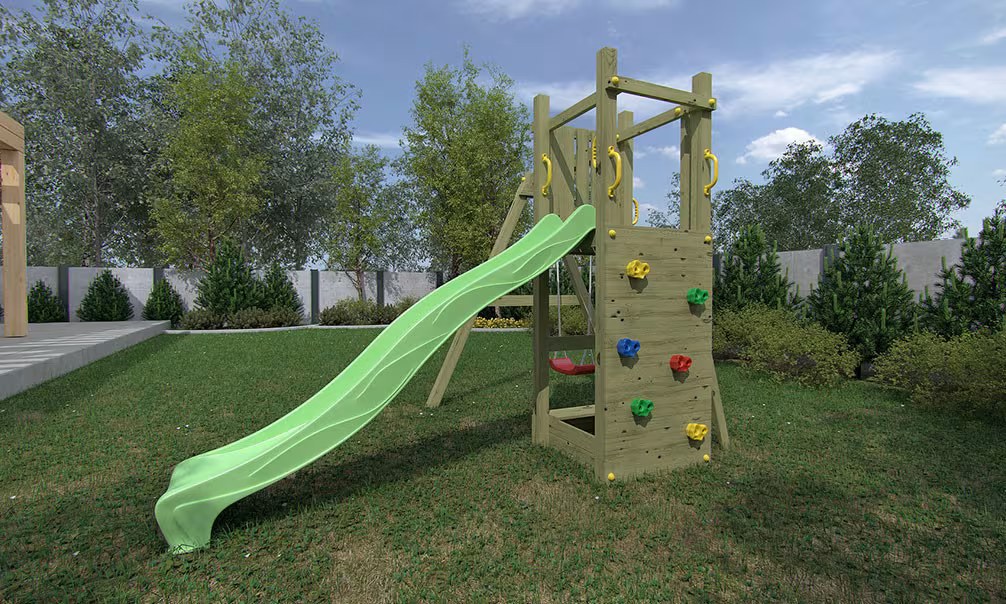 Spielturm für Kinder aus autoklaviertem Holz Funny 3 mit Schaukel 1 Sitz und Sandkasten Fungoo – Bild 4