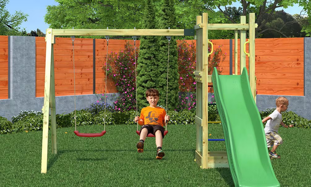 Spielturm für Kinder aus autoklaviertem Holz Funny 3 mit Schaukel 2 Sitze und Sandkasten Fungoo – Bild 3