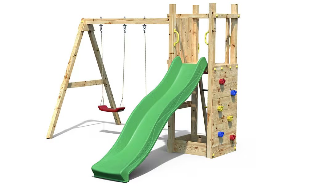 Spielturm für Kinder aus autoklaviertem Holz Funny 3 mit Schaukel 2 Sitze und Sandkasten Fungoo
