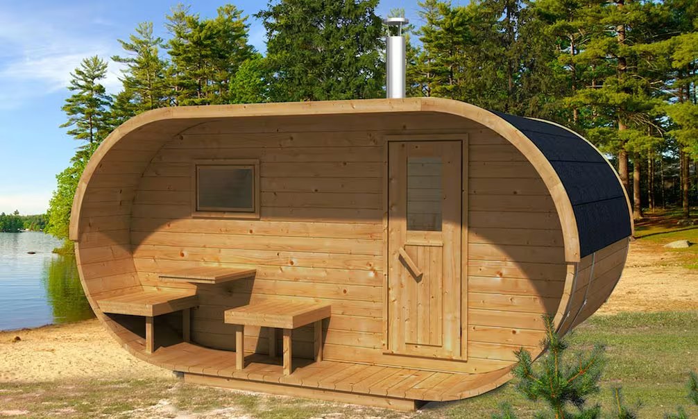 Ovale Sauna mit Terrasse und Vorraum aus thermisch behandeltem Holz 42mm