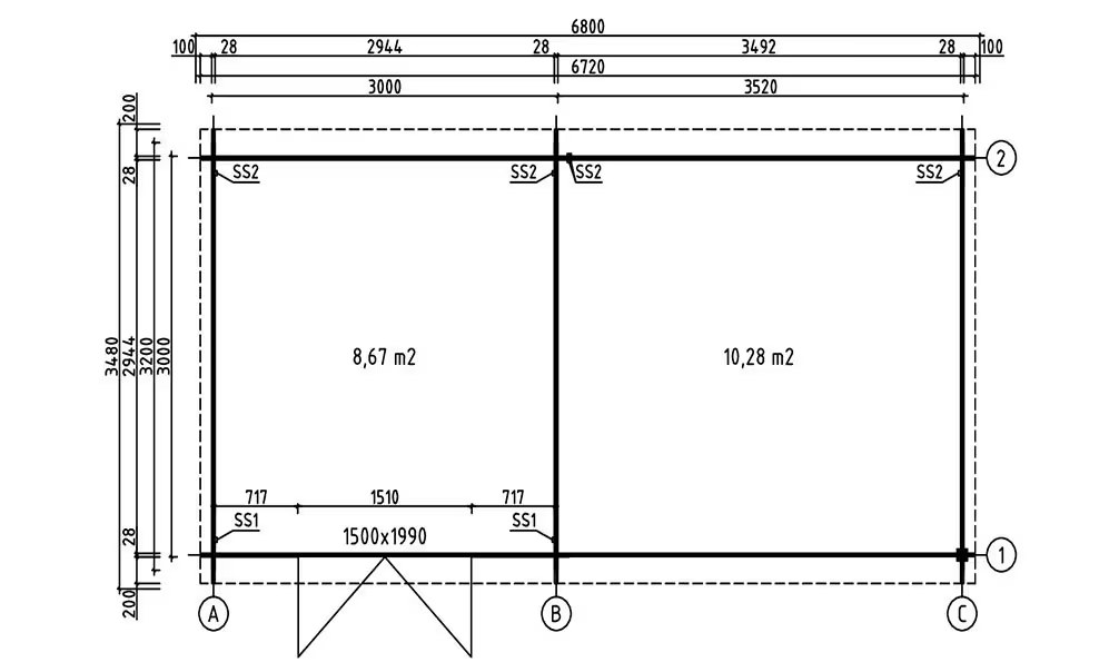 Gartenhaus PLUMERIA 28mm – 8,67m² Innenraum + Vordach 10,28m² 652×3 cm – Bild 2