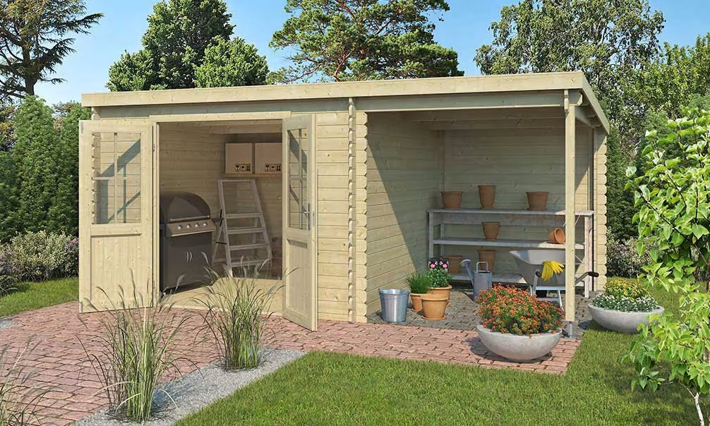 Gartenhaus Tampa 34mm – 8,13m² Innenraum + Vordach 5,45m² 485×292 cm