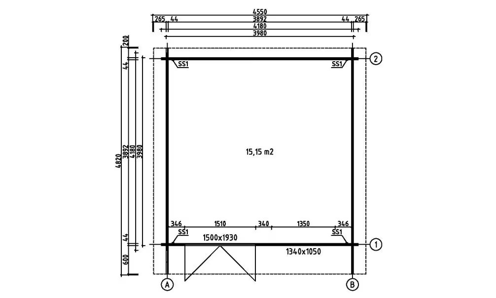Gartenhaus ANDERNOS A 44 mm – 15,15m² Innenraum 398×398 cm 44mm – Bild 2