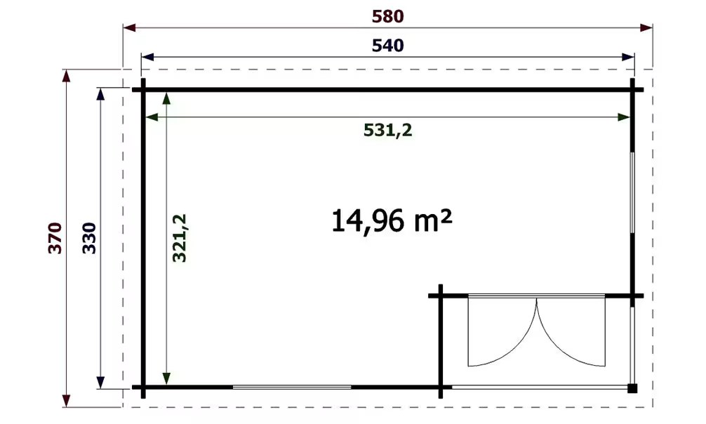 Gartenhaus CUBA 44mm – 14,96m² Innenraum 540×330 cm – Bild 2