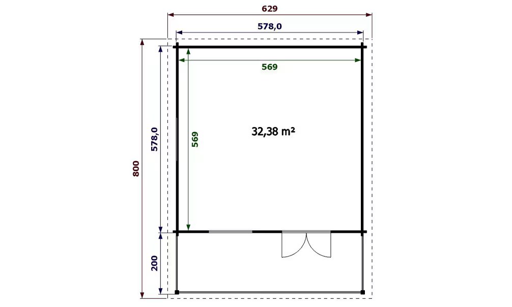 Gartenhaus Ardèche 44mm – 32,4m² Innenraum + 11,5m² 578×578 cm – Bild 2