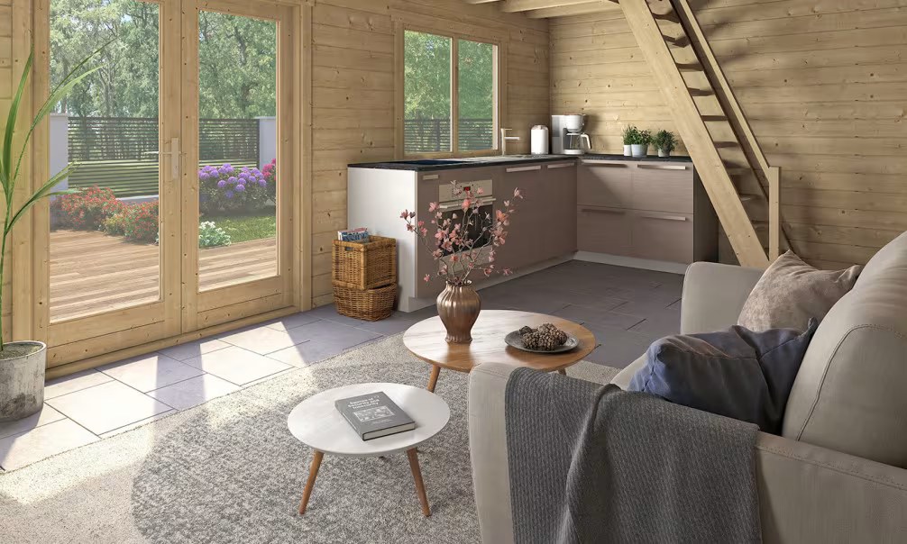 Gartenhaus Mezzanine Morbihan – Bohlen Brettschichtholz 70mm – 18,35 + 17,35m² Innenraum – Bild 4