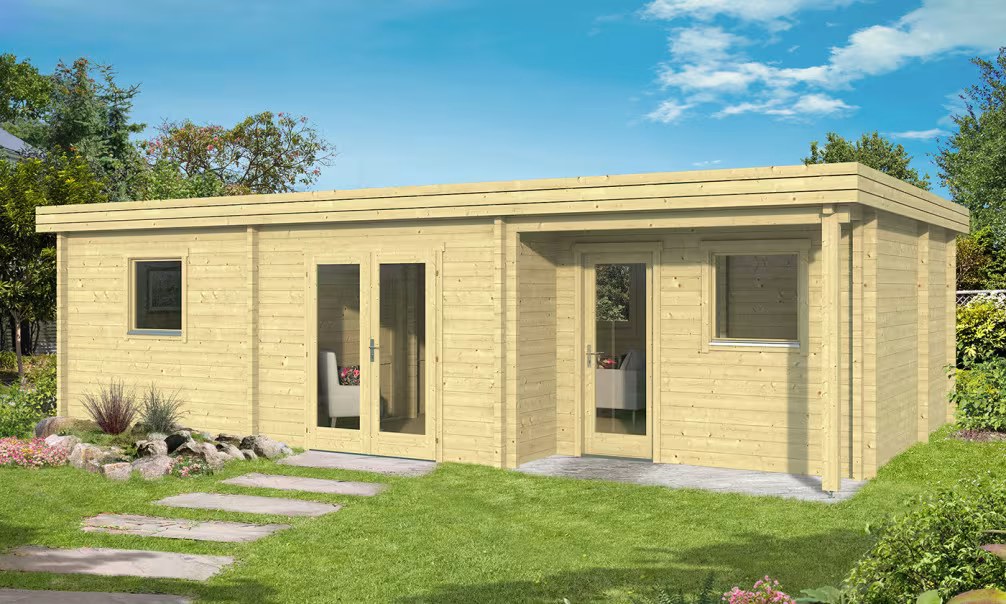 Gartenhaus LENS 70mm Leimbohlen – 47,5m² Innenraum FLACHDACH