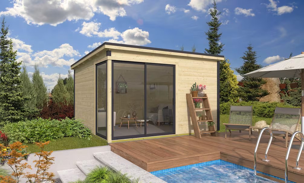 Holz-Poolhaus Flachdach Bausatz Baléo 3 Ep 28 mm – 14,44 m² Innenraum