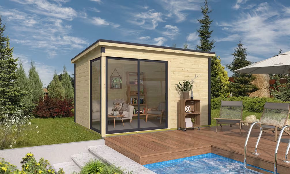 Holz-Poolhaus Flachdach Baléo 2 Bohlen 28 mm – 11 m² Innenraum