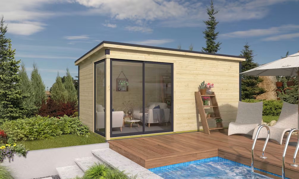 Holz-Poolhaus – Poolüberdachung Baléo 4 Ep 28 mm – 14,50 m² Innenraum