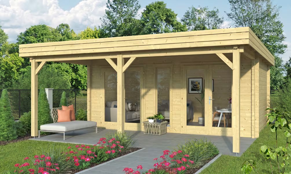 Holzgartenhaus Flachdach PELISSANNE 70mm – 17,34m² Innenraum + Vordach