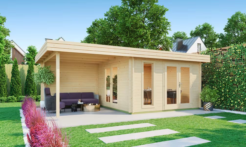 Holzgartenhaus RODEZ 70mm – 12,3 m² Innenraum + Vordach 9,3m²