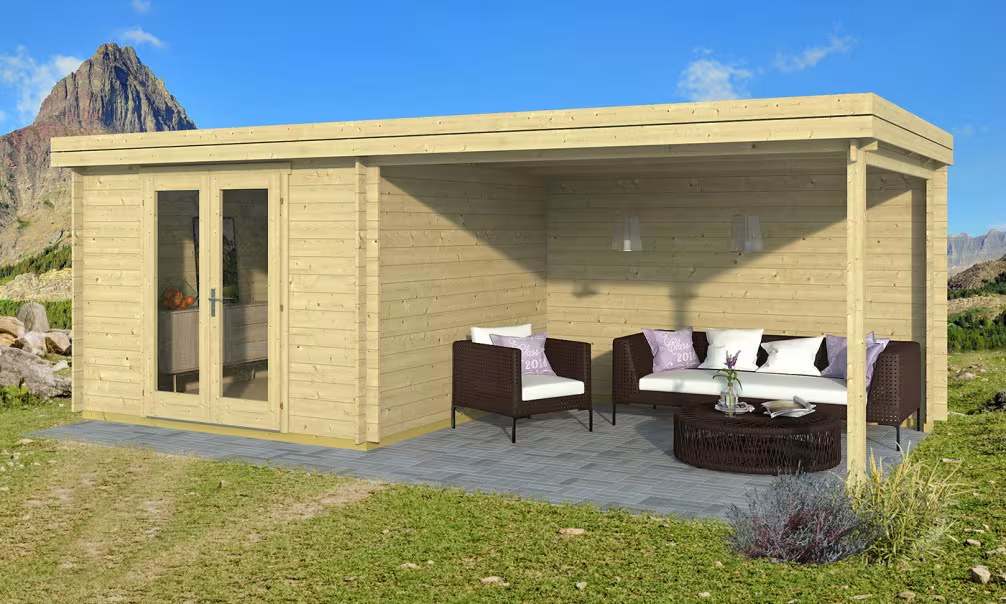 Gartenhaus PLUMERIA 28mm - 8,67m² Innenraum + Vordach 10,28m² 652x3 cm