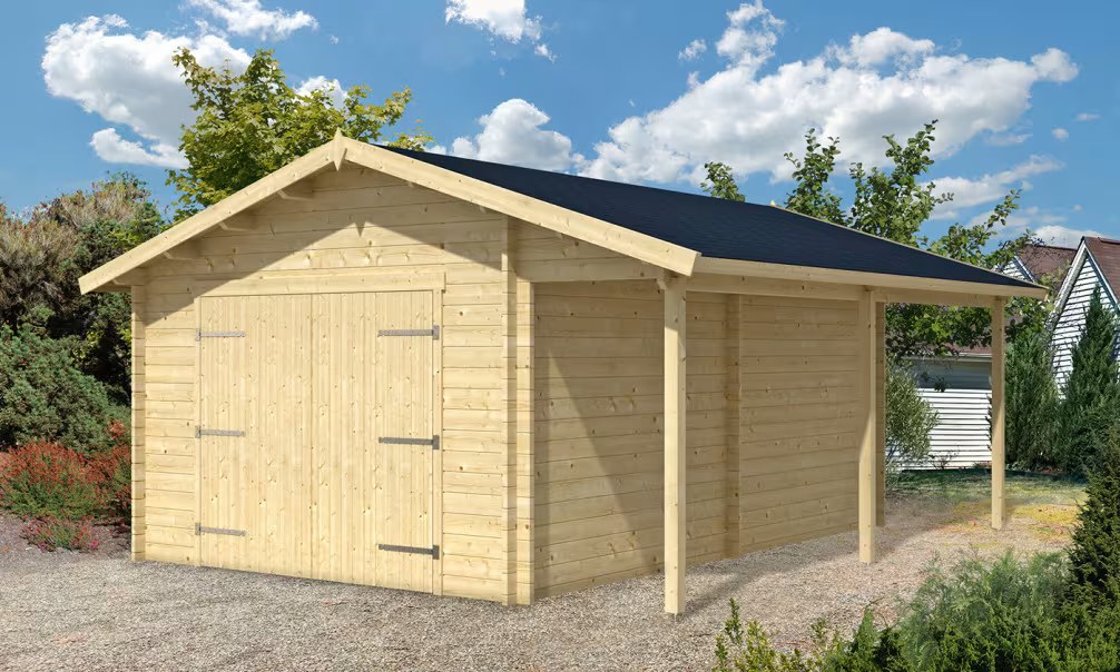 Holzgarage mit Vordach NANTES 44mm - 18,6m² Innenraum