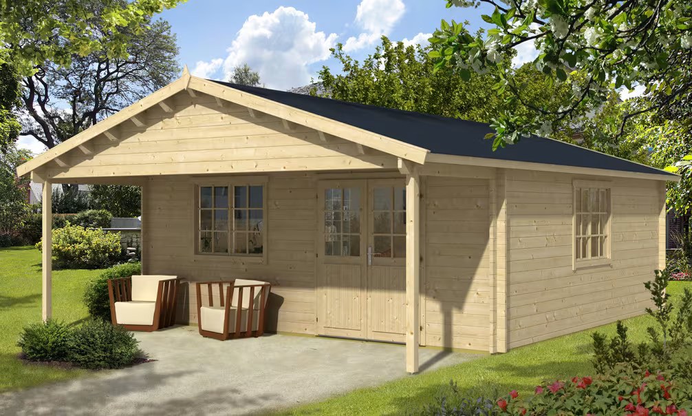 Gartenhaus Ardèche Leimholzbohlen 70mm - 31,8m² Innenraum + 11,5m²