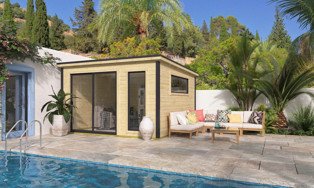 Holz-Poolhaus Flachdach Vinéo 2 Bohlen 28 mm – 14,44 m² Innenraum