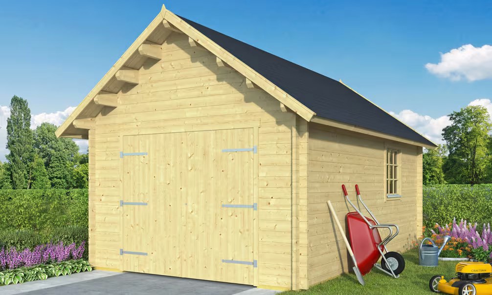 Holzgarage Pau - Bohlen 44mm - Satteldach - 18,7m² Innenraum