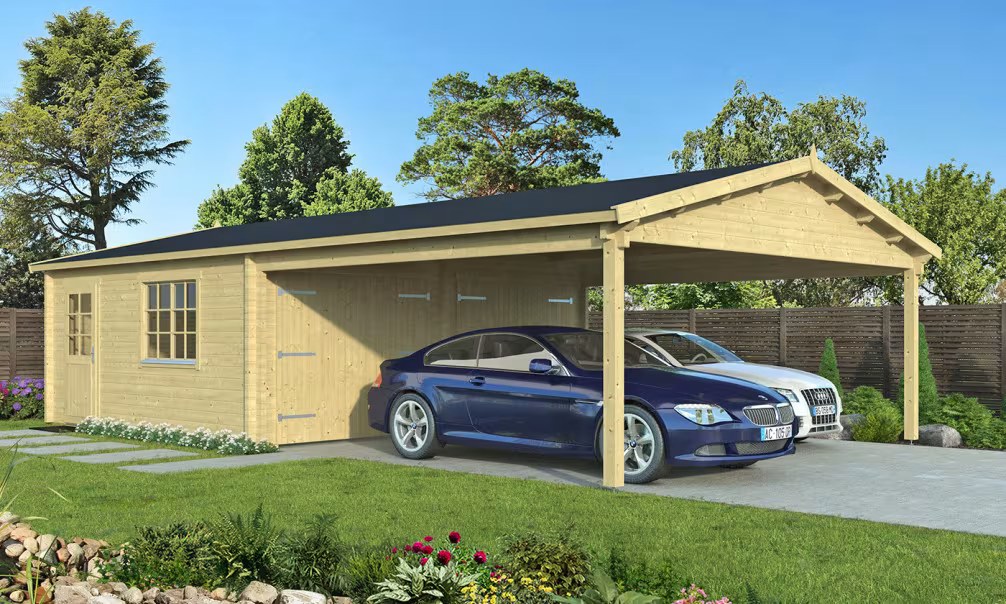 Garage MORZINE Bohlen Brettschichtholz 70mm – 27,83m² Innenraum + Anbau 28,05m²