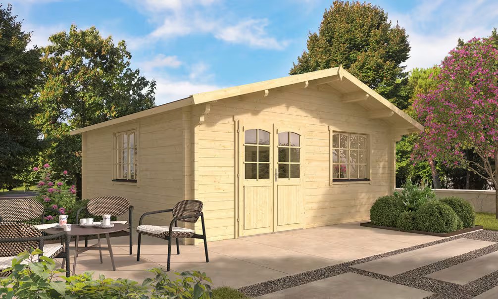 Holzgartenhaus Satteldach Honfleur – Bohlen 70mm Brettschichtholz – 26,1m²