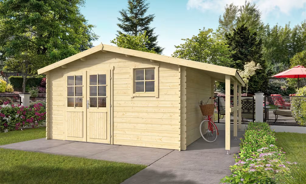 Gartenhaus mit Anbau Lourdes 34mm – 14,7m² Innenraum