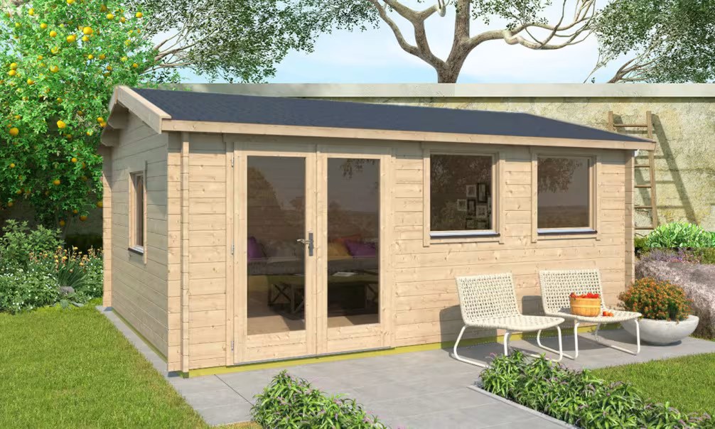 Gartenhaus Nice Leimbohlen 70mm – 18,7m² Innenraum – Ohne Bodenbelag