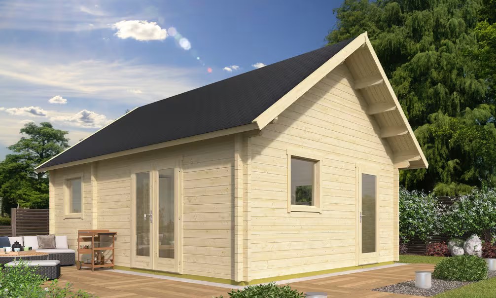 Freizeitgartenhaus Volta Bohlen Brettschichtholz 70mm – 31 + 10m² Innenraum