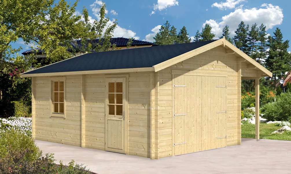Holzgarage mit Vordach NANTES 44mm – 18,6m² Innenraum – Bild 3