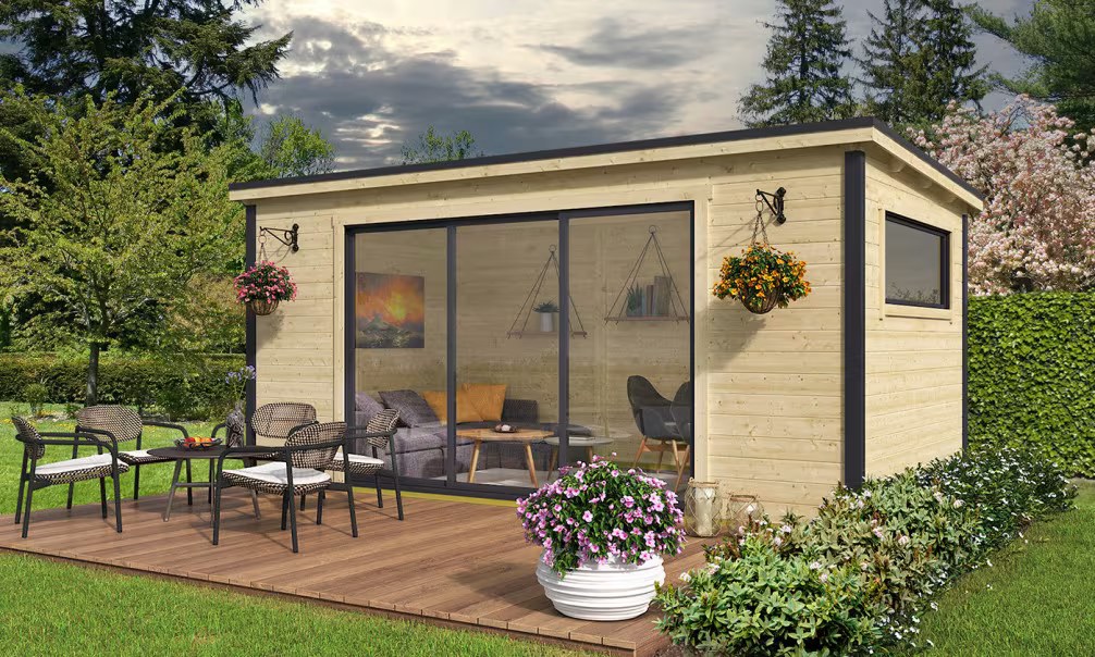 Poolhaus aus Holz Flachdach Finéo 3 Bohlen 28mm – 14,50m² Innenraum