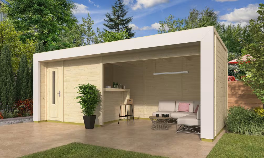Poolhaus Istres mit Bar – 19,5 m² – Weiße Arkade 650×300 cm 28mm